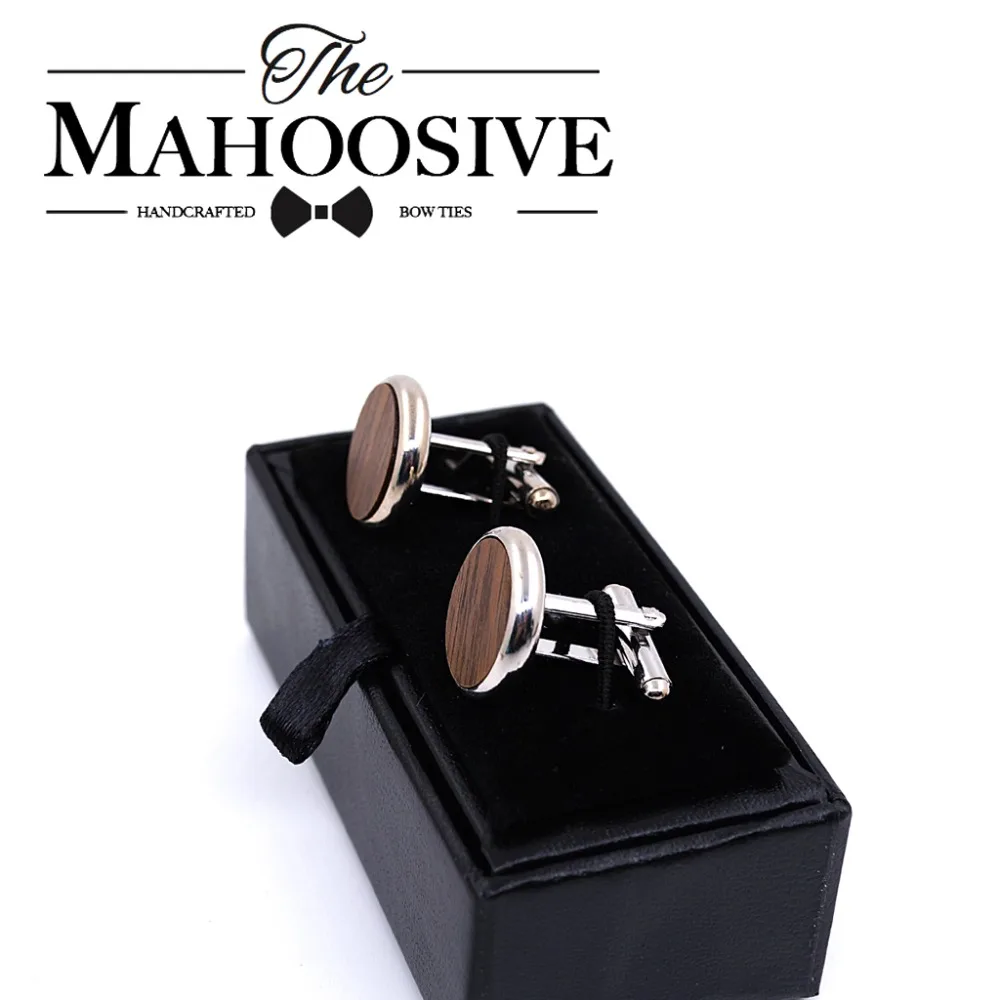 MAHOOSIVE Wooden Cufflinks Wedding Groom Round Black Walnut Cufflinks For Mens shirt accessories Casual Cuff Link with Gift box