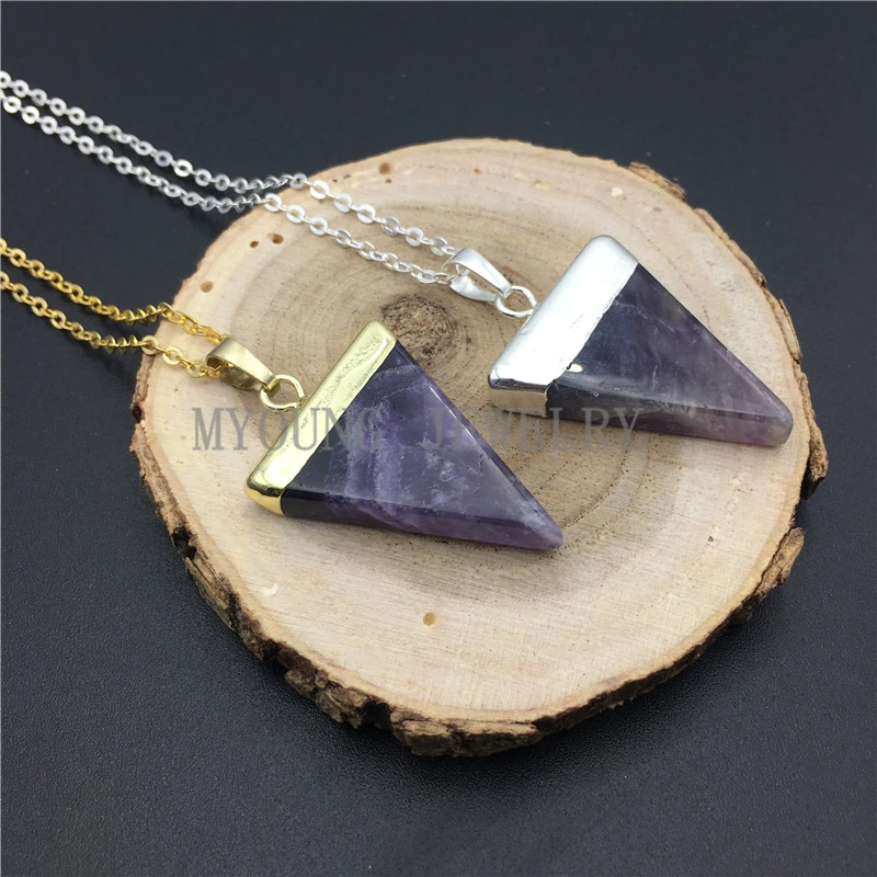 MY0947 Triangle Amethysts Point Pendant, Purple Crystal Gems Stone Pendant Gold Or Silver Electroplated Chain Necklace kolye