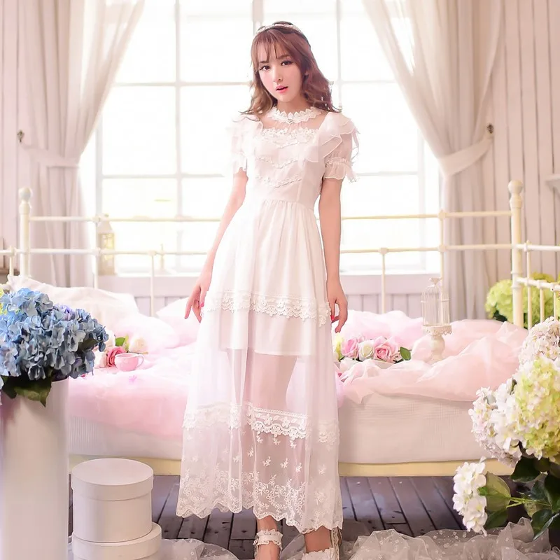 Princess sweet lolita dress Candy rain Summer Japanese style sweet Restoring ancient ways lace chiffon Long dress C15AB5760