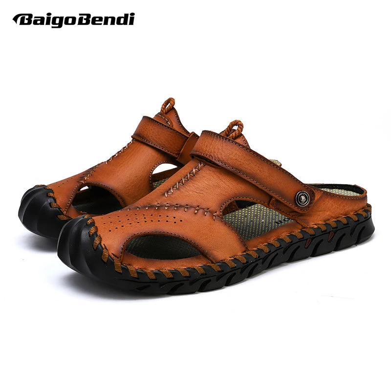 

Big Size 6-12 Fisherman Close Toe Men's Summer Real Leather Sport Sandals Mature Man Nonslip Beach Shoes