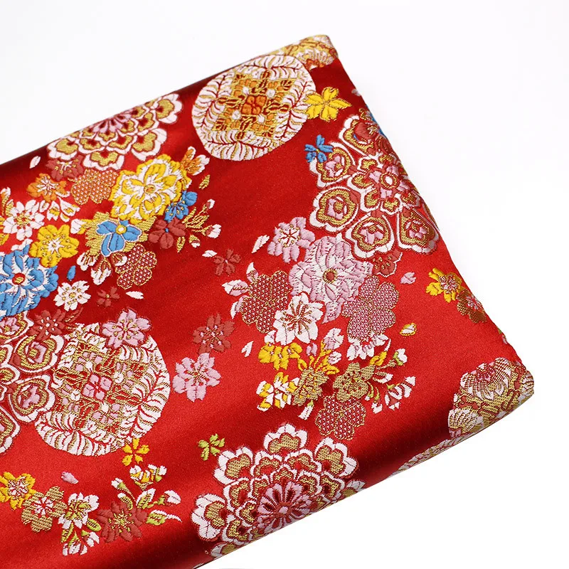 CF531 1meter Red Florals Jacquard Nishijin Brocade Fabric Chinese Wedding Cheongsam/Japanese Kimono Fabric DIY Sewing Cloth