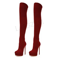 LAIGZEM Talloni Della Piattaforma di MODO Del Faux Suede Stiletto Stivali Donna Stivali Zip Laterale Scarpe Su Misura Botines Mujer Botas Grande Formato 34-52