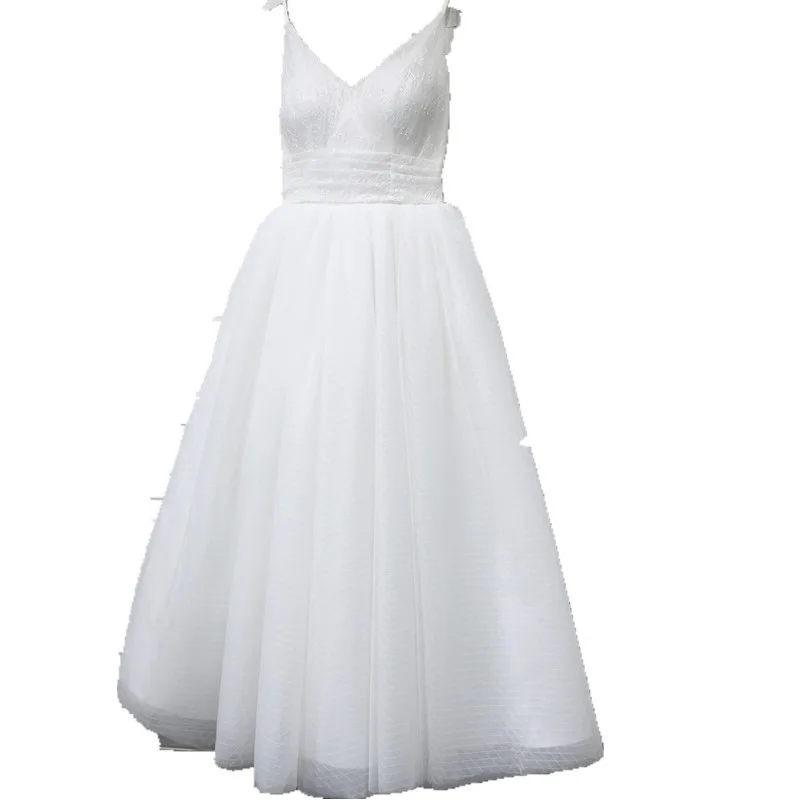 Es der YiiYa Hochzeit Kleid V-ausschnitt Spaghetti-trägern Lace Up Ankle Länge brautkleider Braut Engagement Elegante Weiße Kleider G008