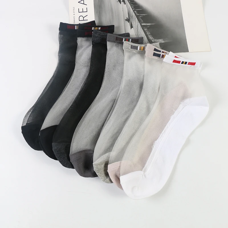 DONGAI 7 Pairs Men Business Dress Stockings Ankle Socks Male Crystal Glass Silk Mesh Knit Transparent Summer Sock Thin Sox