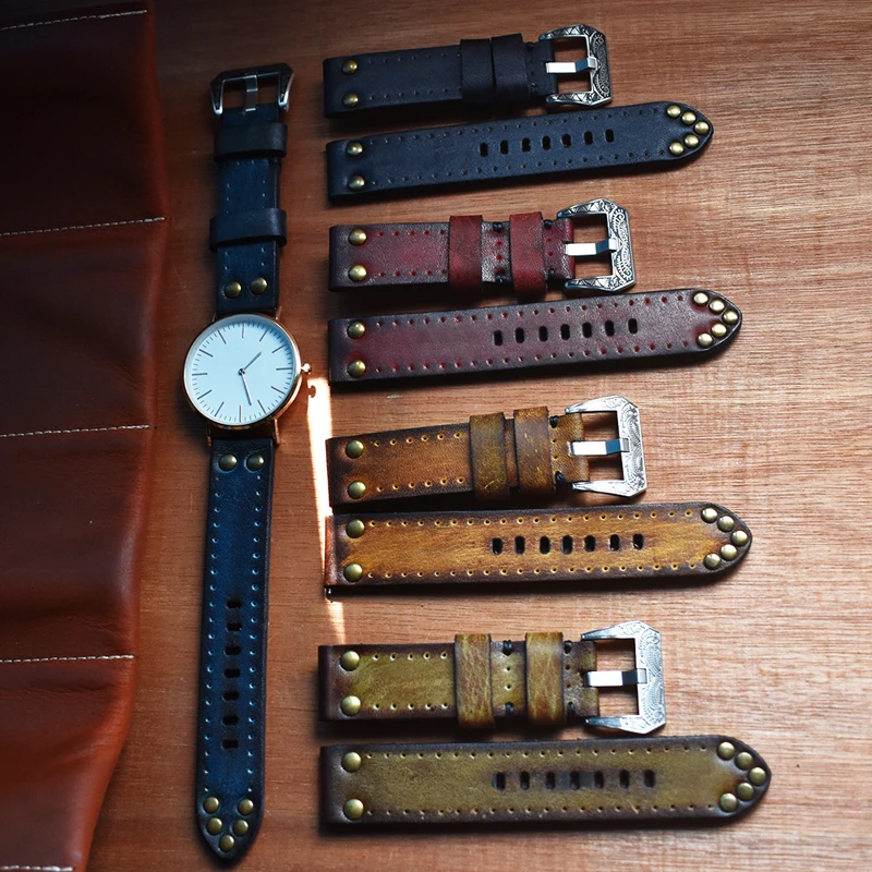 Watch Bracelet Band 18mm 20mm 22mm 24mm Watch Strap Vintage Leather Thick Watchband with Rivet for Watch Accessories KZC02