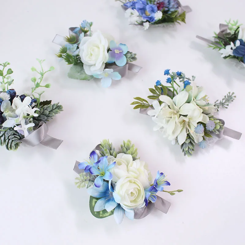 Romantic White Wedding Boutonnieres and Wrist Corsage Silk Rose Hand Flowers Bridesma Wrist Flower Blue Bridal Bouquet Accessory