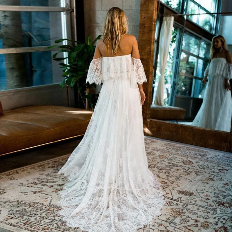 A-Line Strapless Half Sleeves Sweep Train Lace Beach Wedding Dress 2019 Boho Bridal Gowns Country Garden vestido de noiva