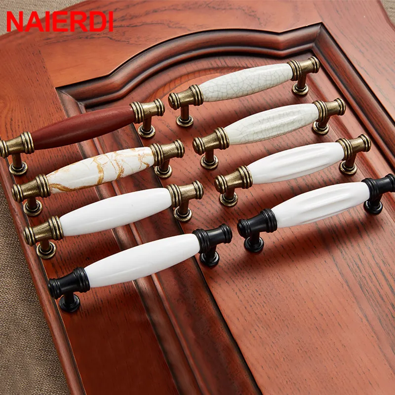 NAIERDI Antique Bronze Ceramic White Cabinet Handles Zinc Alloy Drawer knobs Wardrobe Door Handle European Furniture Hardware