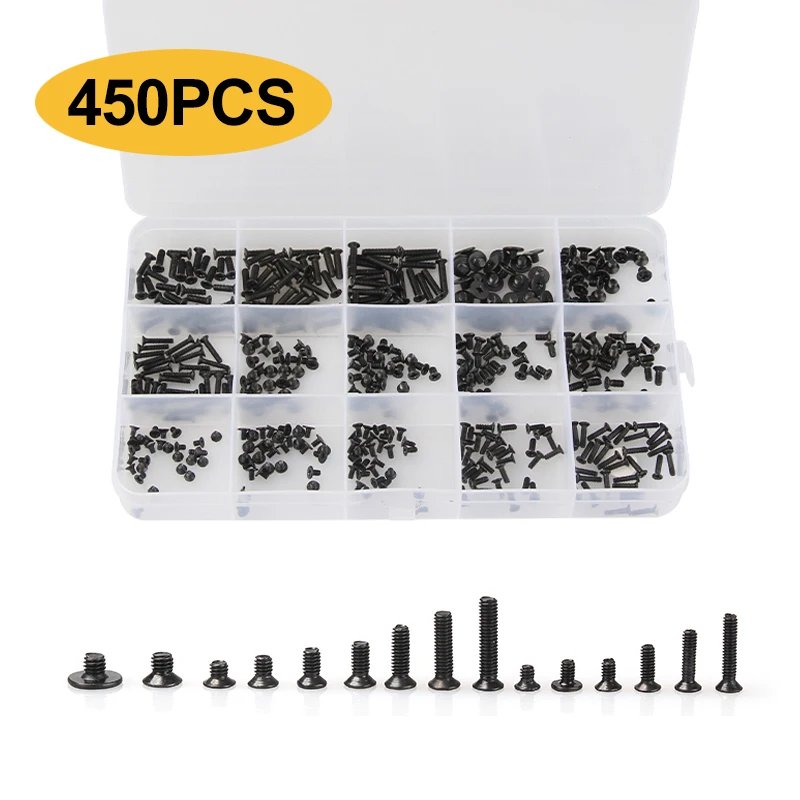 450Pcs Laptop Computer Screws Kit Black Fastener Flat Head Repair Set with Box For IBM For Dell For Lenovo For Samsung