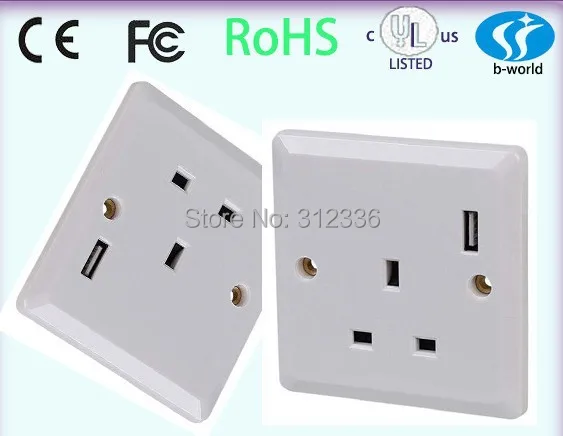 Free Shipping UK type three circle Holes 250V 13A  one USB DC 5V 1000mA   white panel wall Socket  uk style