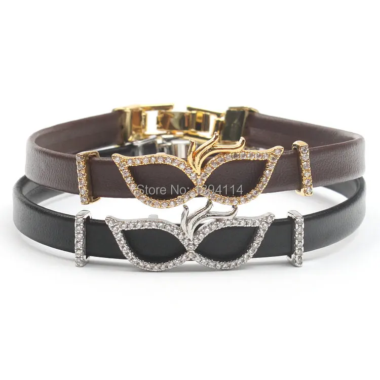 

Micro Pave Clear CZ Bow Arc Tube Strand Bracelet Stringed Leather Cord Fold Over Clasp Approx 6-8 Inches