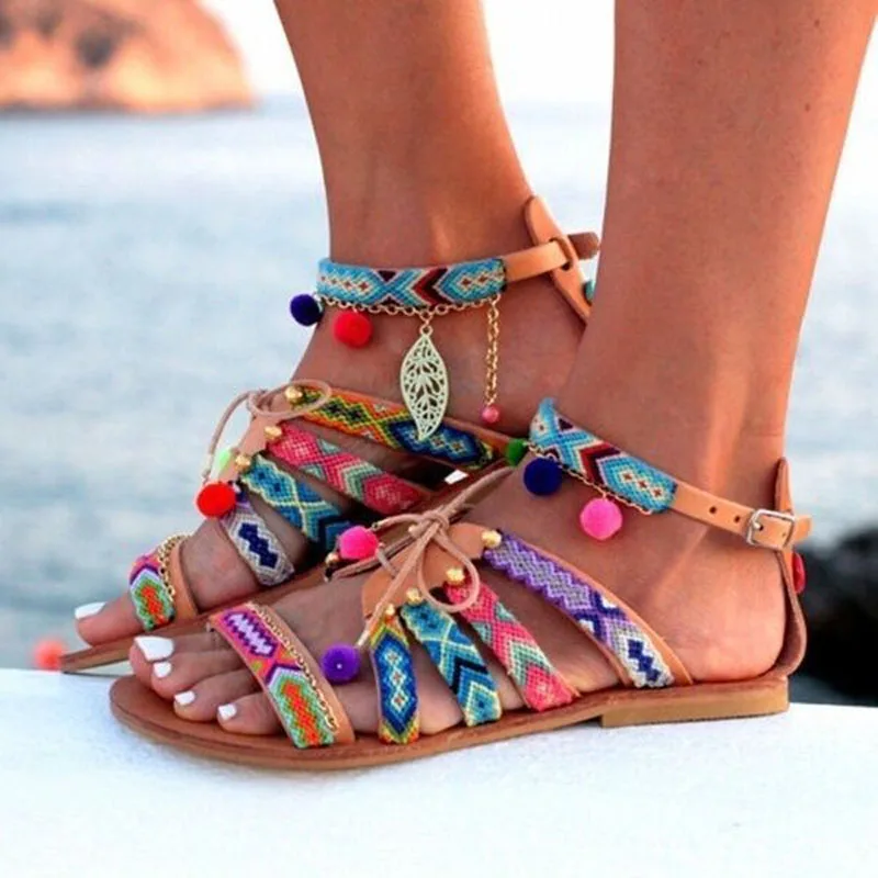 

Summer Multi Colors Bobbles Ball Embellished Bohemia Flats Sandals Folk Style Girl's Beach Leafs Pedant Chains Sandalias Ladies