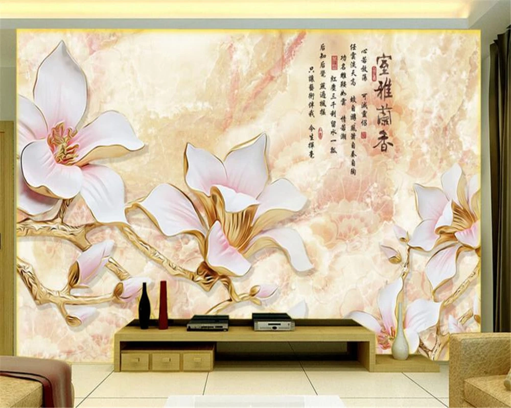 

Beibehang 3d wallpaper white magnolia color carving high - grade room Lan Xiang TV backdrop living room bedroom murals wallpaper