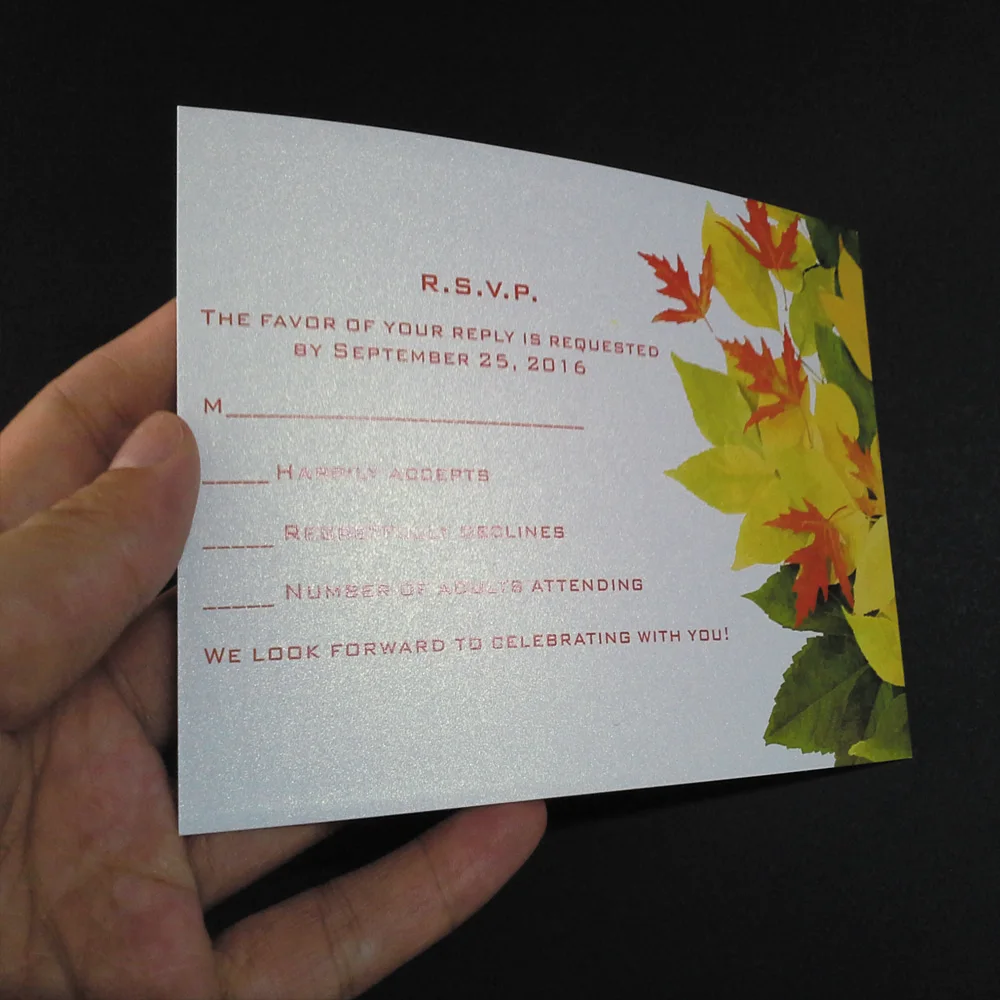 

100pcs per lot 148*100mm maple leaf elements 315g pearl white paper RSVP cards with 100pcs blank RSVP envelopes