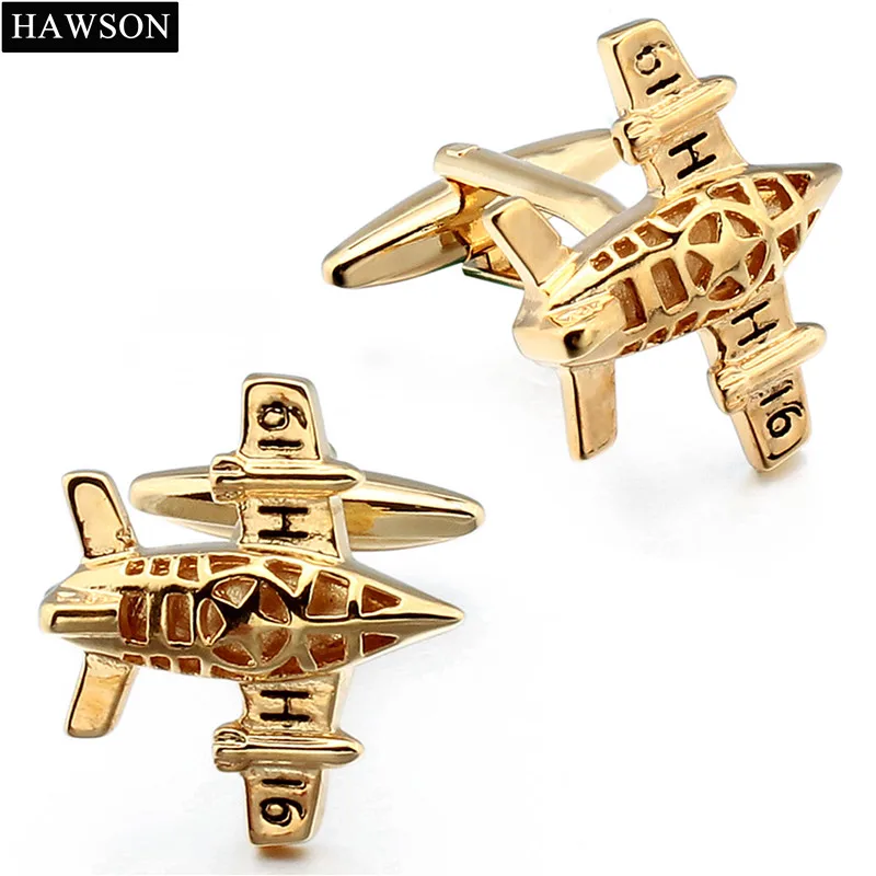 HAWSON Spitfire Plane Cuff links Brooches Pin Set Gold Color Plated Copper Aircraft Lapel Pin with Box