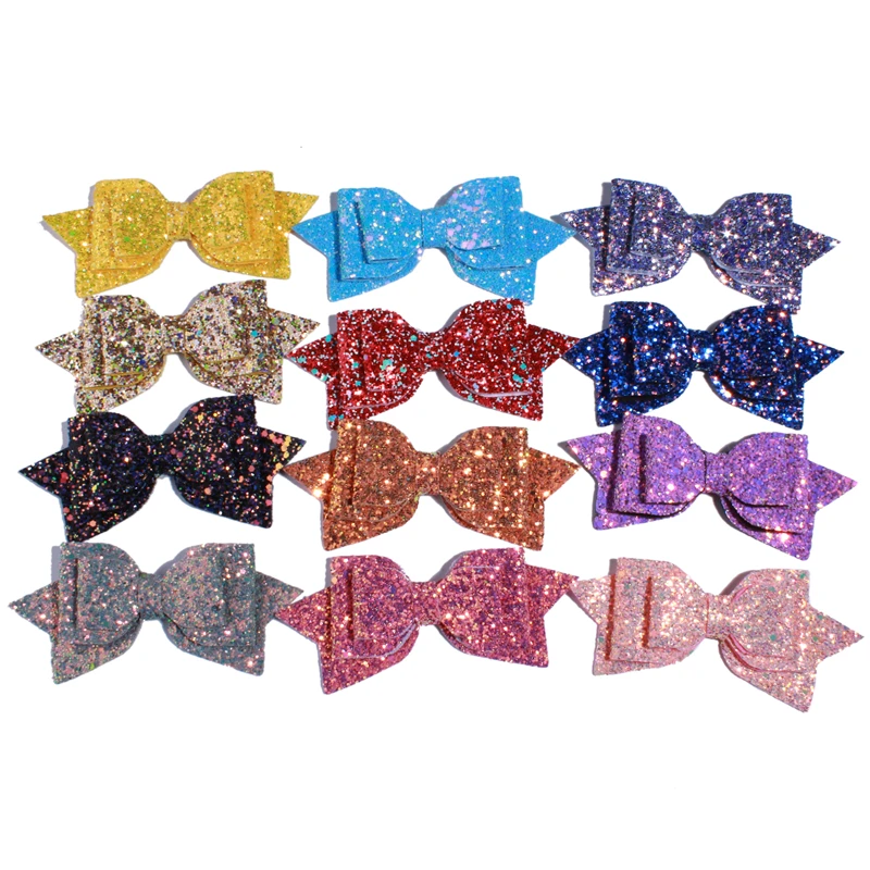 

200PCS 13CM 5'' Boutique Glitter Synthetic Leather Bow Clip Messy Sequin Bow Knot Various Color Girl Headwear Hair Accessories