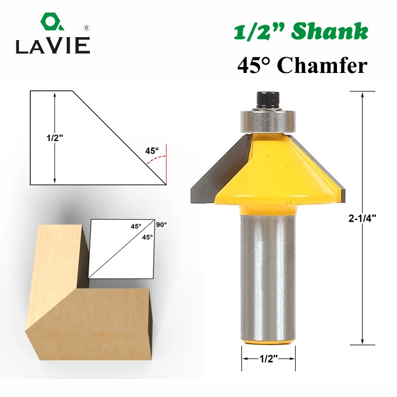 LAVIE 1pc 12mm 1/2 Shank 12.7MM 45 Degree Chamfer Bevel Edging Router Bit For Wood Milling Cutter Woodworking Tools MC03152