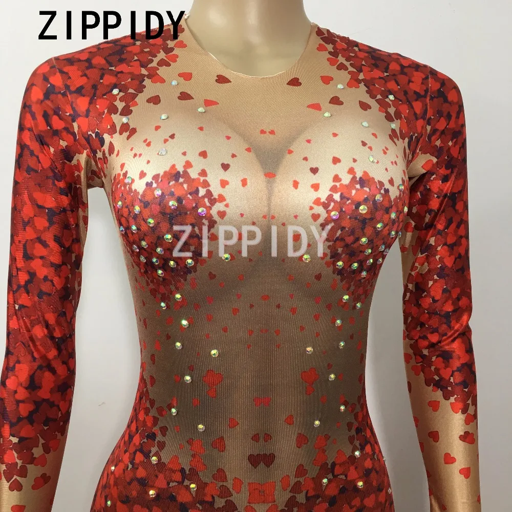 Glisten Rhinestone Red Heart Shape Pattern Jumpsuit Big Stretch One-piece Female Singer Show Nightclub Women\'s Party Prom Romper