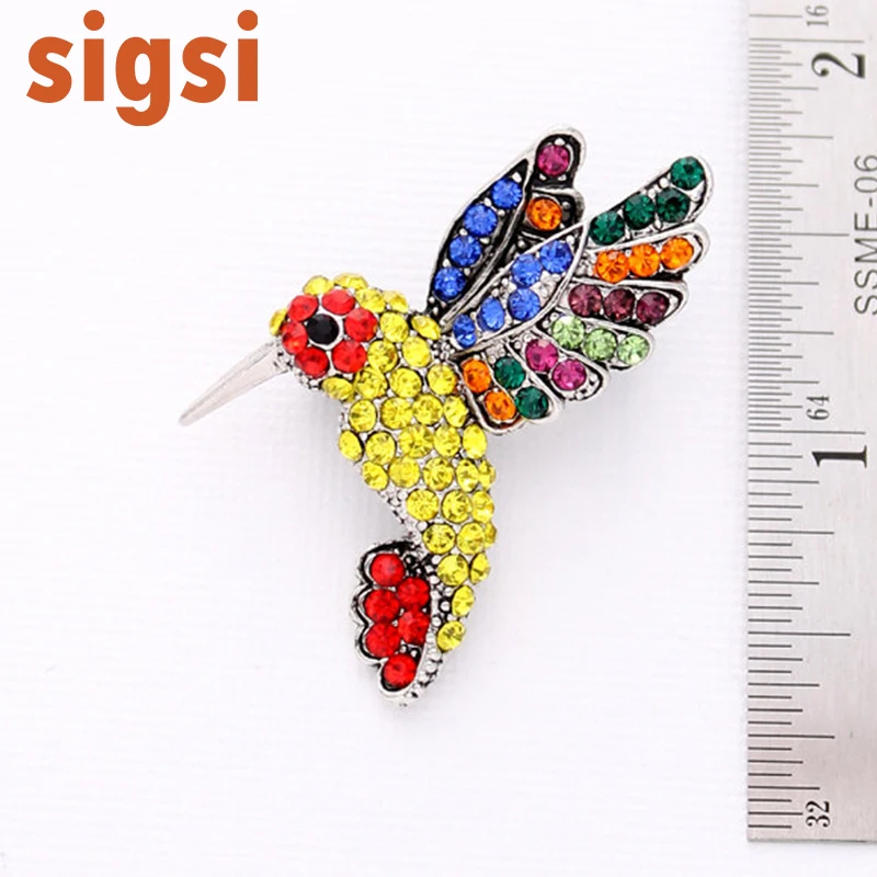 1.5H x 1 .25W inches  Antique silver Tone Bird Hummingbird Multi Color Austrian Crystal Pin Brooch