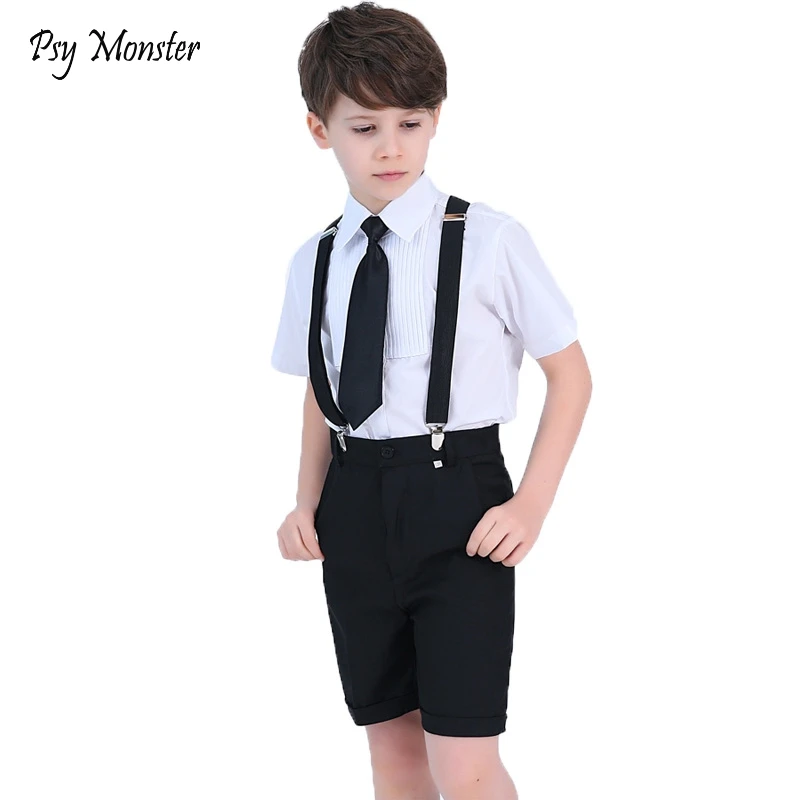 Wedding Suit For Boys Kids Formal Prince School student Dress Gentleman Kids Strap Shirt Pants Bowtie 4Pcs ceremony Costumes