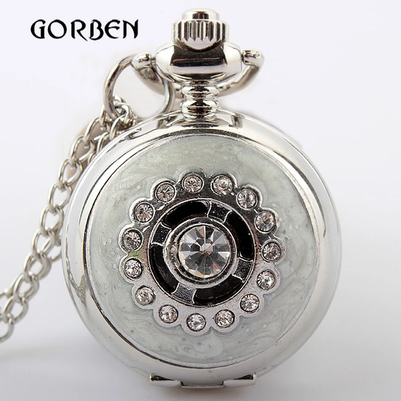 Retro Antique Bronze Silver Quartz Pocket Watch Vintage Crystal Necklace Pendant Chain Women pocket fob watches Relogio De Bolso