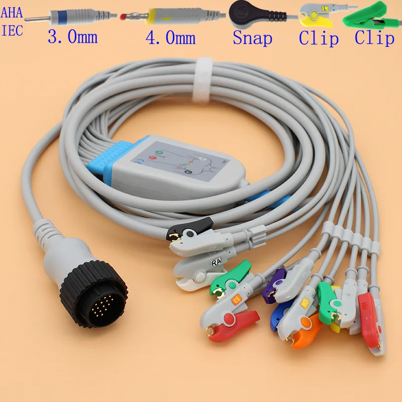 

16P ECG EKG 10 leads cable and electrode leadwire for Kanz PC-104/Cardioline/Remco monitor,AHA/IEC/3.0 din/4.0 banana/snap/clip.