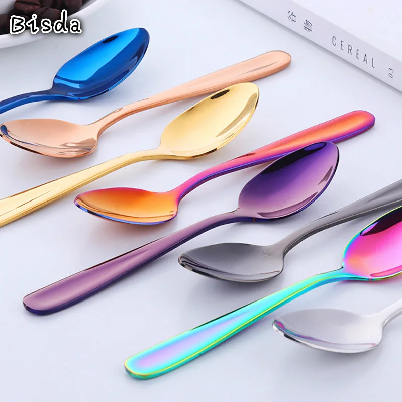 8Pcs Tea Coffee Spoon Rainbow Stainless Steel Mini Spoons Gold Honey Dessert Scoop Table Small Dinnerware for party Kit Tools