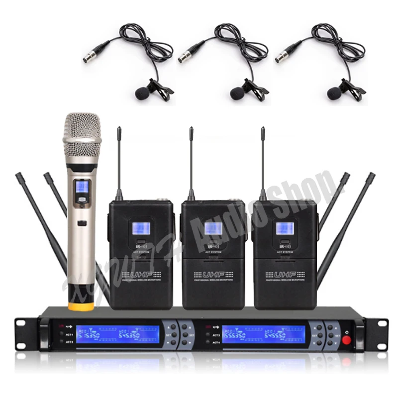 Pro UHF Channel Wireless Karaoke Microphone System with Handheld Bodypack Transmitter Lavalier Mic Audio Cable Power Adapter