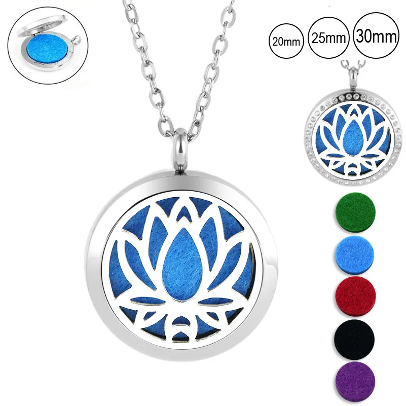 20mm 25mm 30mm magnetic essential oil diffuser necklace 316l stainless steel lotus shape aromatherapy pendants jewelry