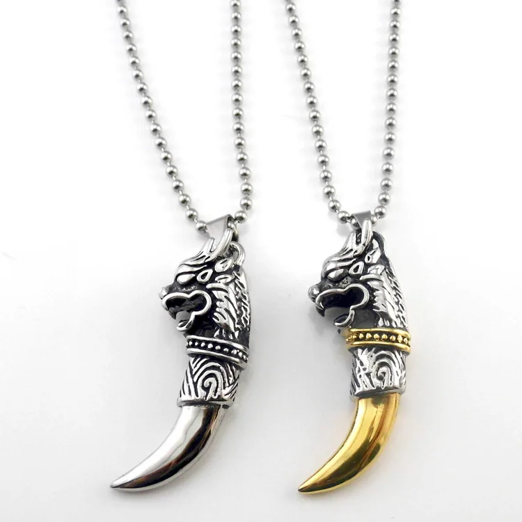 Men\' Jewelry Antique Silver Color Tribal Stark Wolf Fang Tooth Pendant Necklace Vintage Wolf Dragon Titanium Pendant Necklace