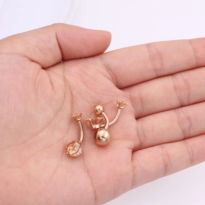 Starbeauty 1Pc Rose gold Color Internally Threaded Belly Button Rings Double Crystal Zircon Navel Ring Piercing Body Jewelry