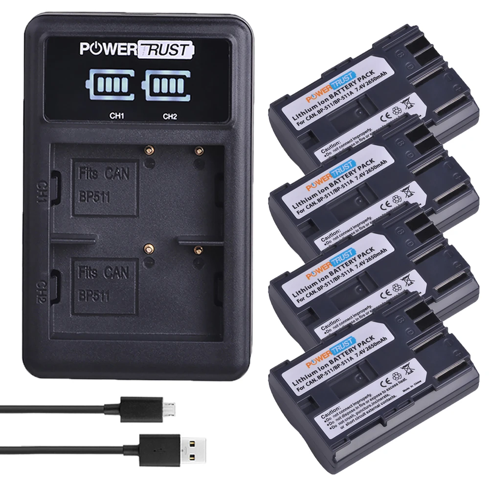 

4Pcs 2650mAh BP-511 BP 511 BP511 BP511A Camera Battery + LED Dual USB Charger for Canon EOS 40D 300D 5D 20D 30D 50D