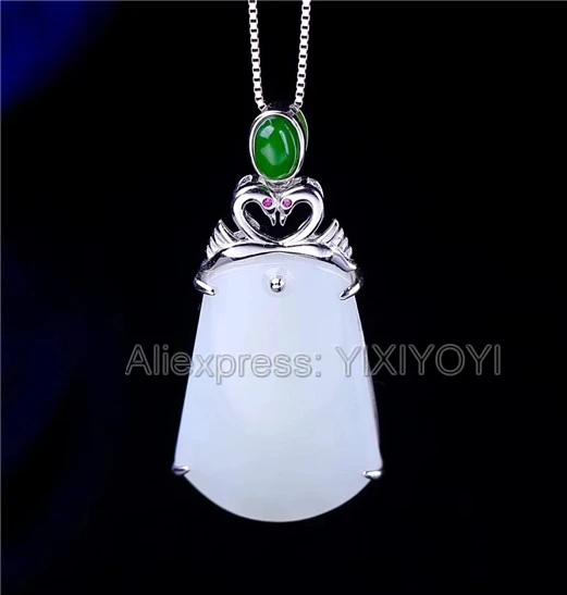 Beautiful Real 925 Silver White Green HeTian Jade Swan Long Strip Dangle Lucky Pendant + Free Necklace Fine Jewelry Certificate