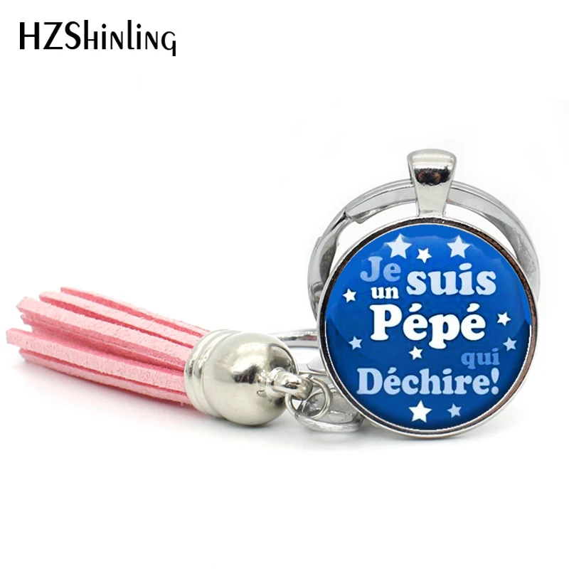 2017 New Trendy Je un suis Pepe qui Dechire Tassel Key Chains Fashion Jewelry I love papa Glass Dome Pendant Keyring