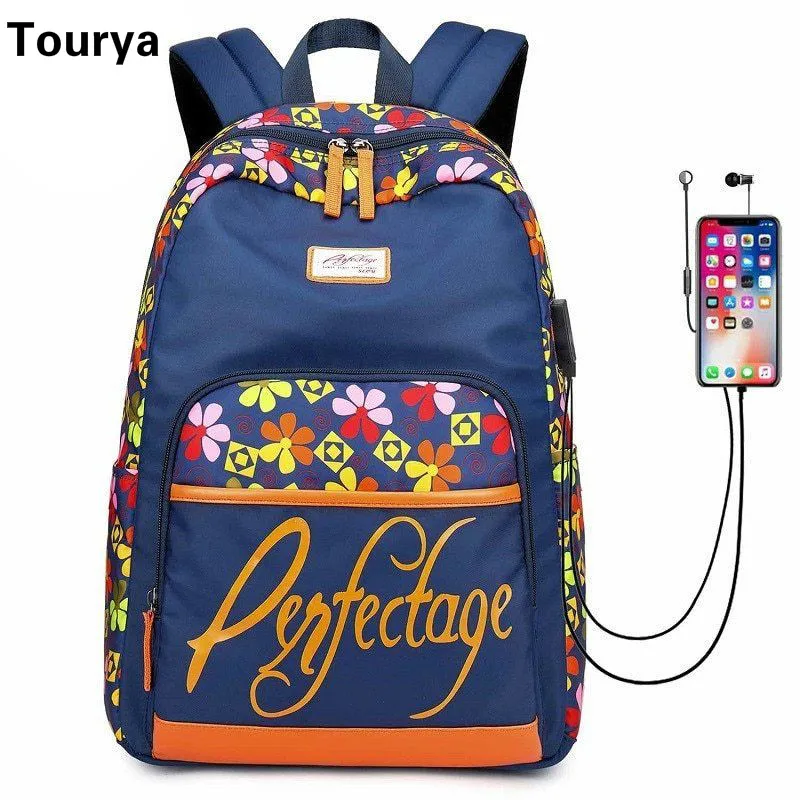 

Tourya Fashion Women Backpack Floral Printing USB Charge School Bags For Teenagers Girls Travel Rucksack Laptop Bagpack Bookbag