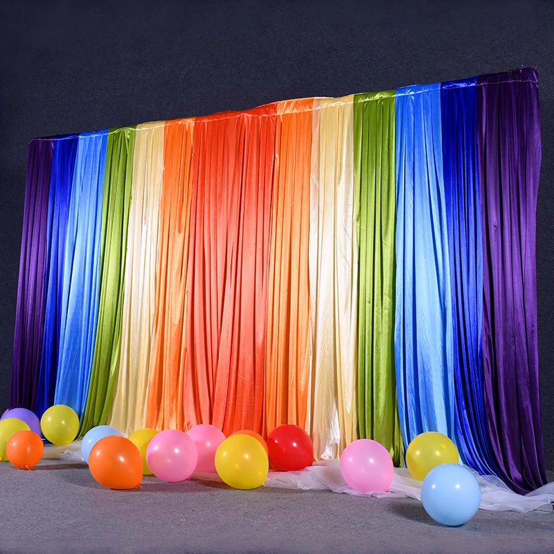 Ice silk rainbow color wedding backdrop curtain drape wedding supplies children birthday background for party event Tied/Piped