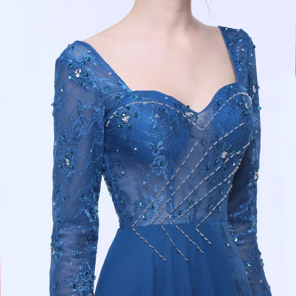 ANTI Elegante Dark Blau Abendkleid Mit Langen Ärmeln Backless Formale Kleider Chiffon Spitze Promi Kleid A-Line Hochzeit HQY31