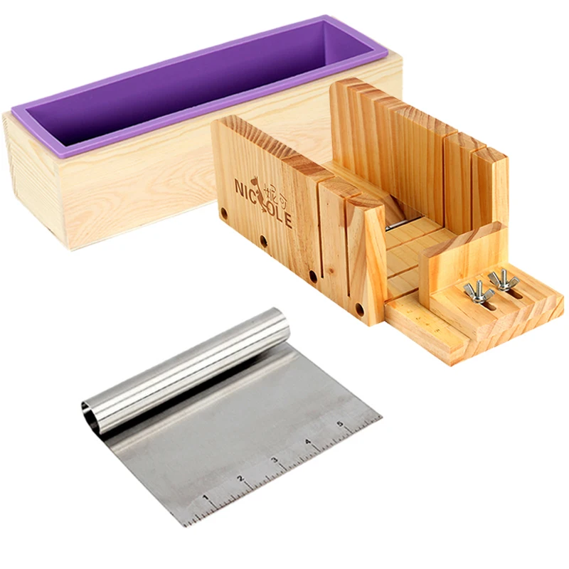 3 PCS Soap Making Tool Set Rectangular Silicone Mold with Adjustable Wooden Loaf Cutter Box and Stainless Steel Blade