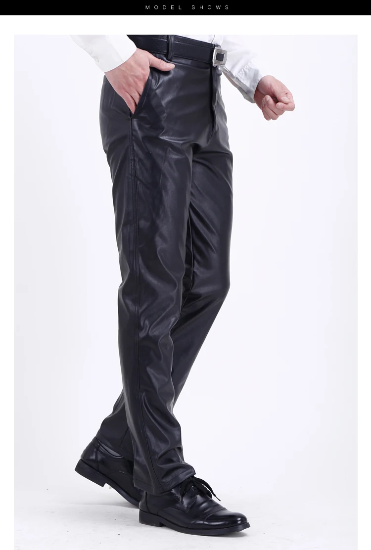 Herren-Lederhose, gerade Passform, elastische PU-Lederhose, Motorradhose, dünn – Detail 1