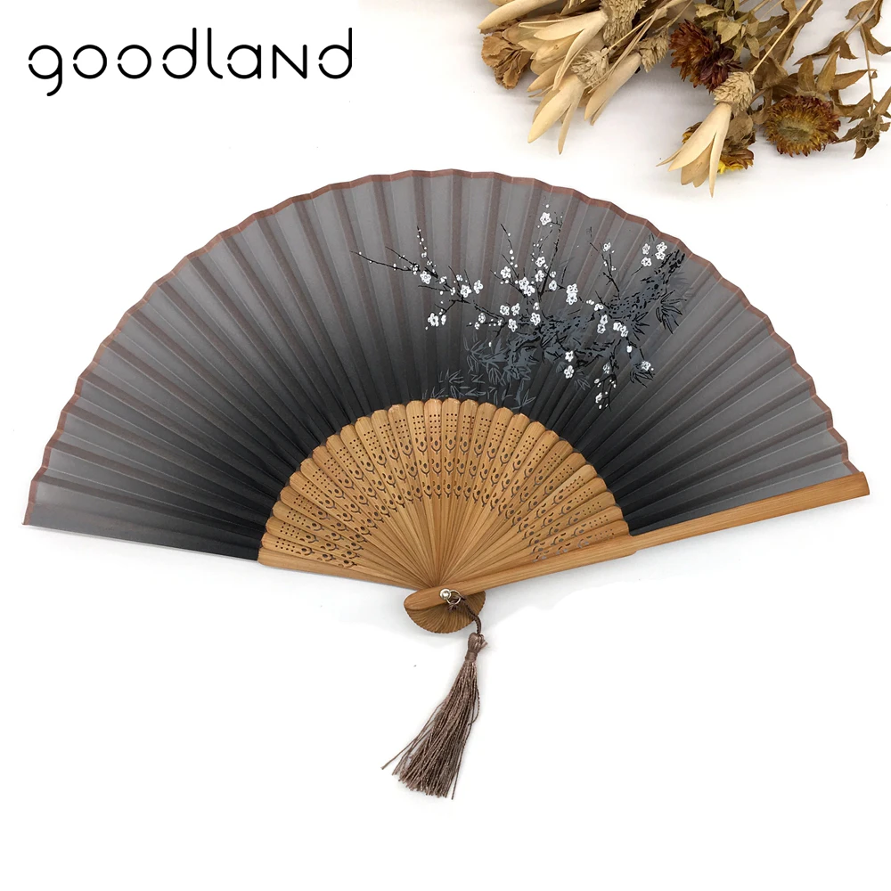 1pcs Vintage Chinese Spun Silk Flower Printing Hand Fan Folding Hollow Carved Hand Fan Event & Party Supplies