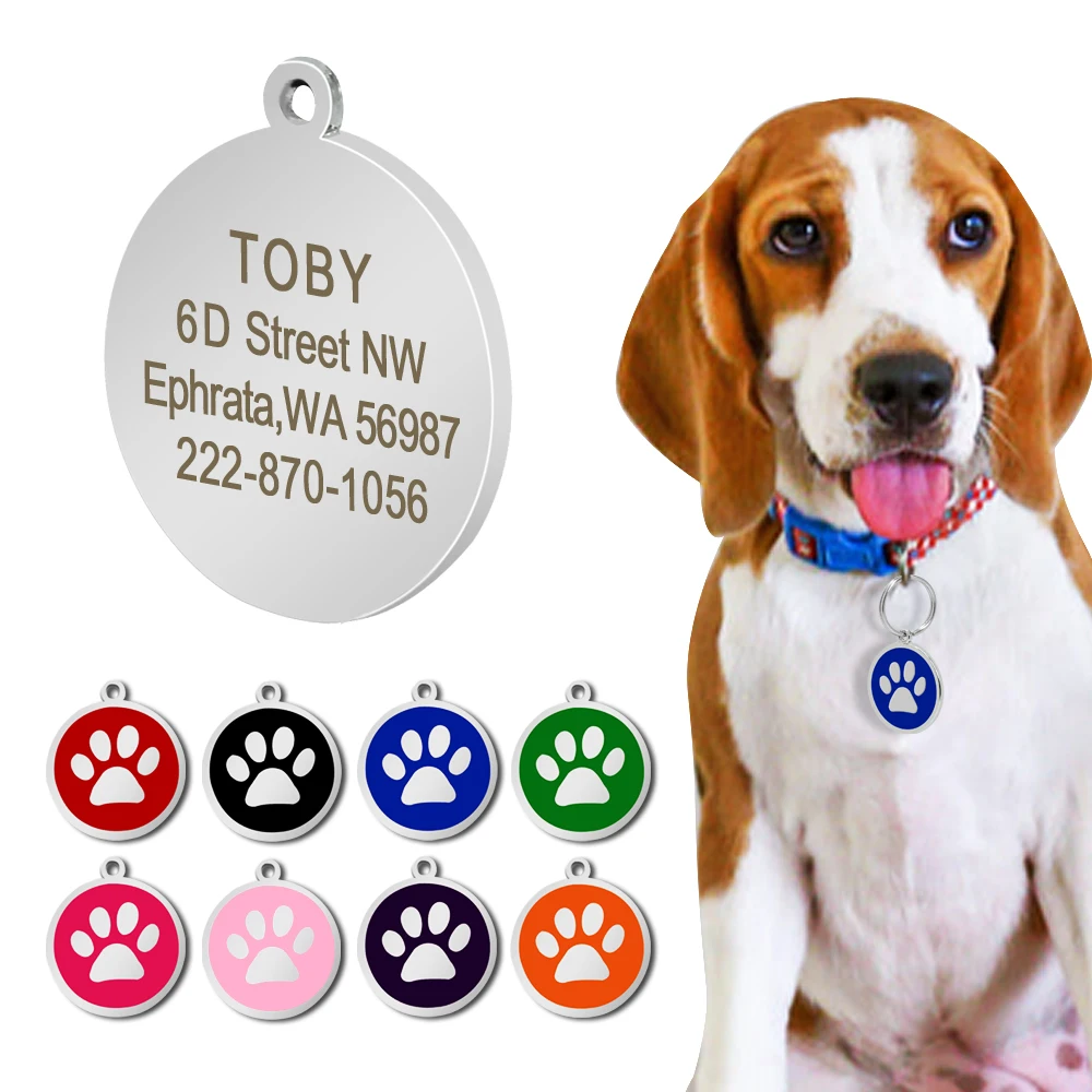 Stainless Steel Personalized Paw Dog ID Tag Dog Accessories Metal Customized Round Pet Dog ID Tags Plate Pet 8 Colors