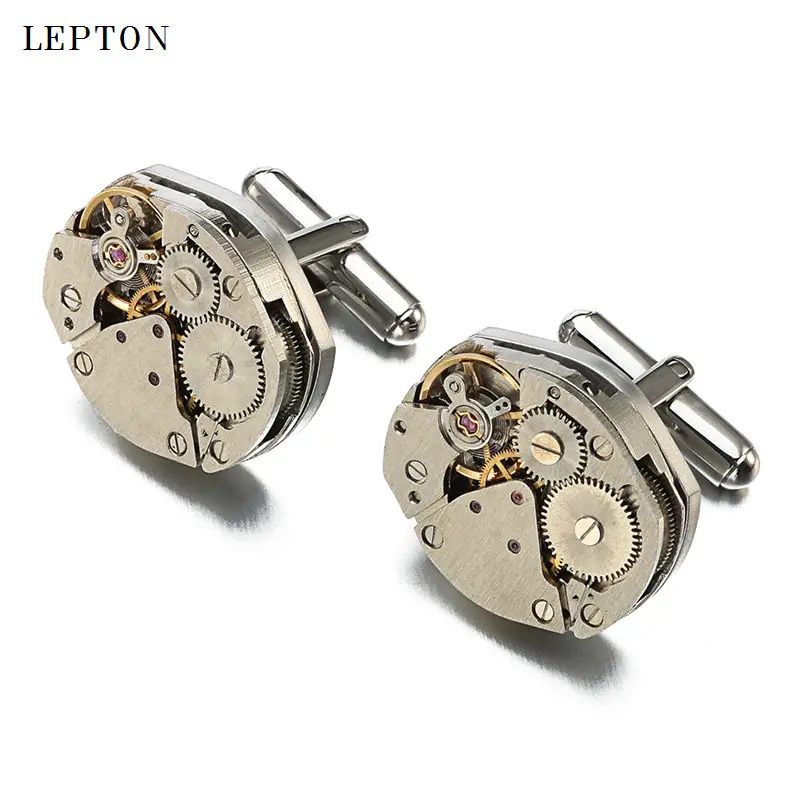 Lepton Non-Functional Watch Movement Design Cufflinks Stainless Steel Steampunk Gear Mechanism CuffLink For Mens Business Gifts