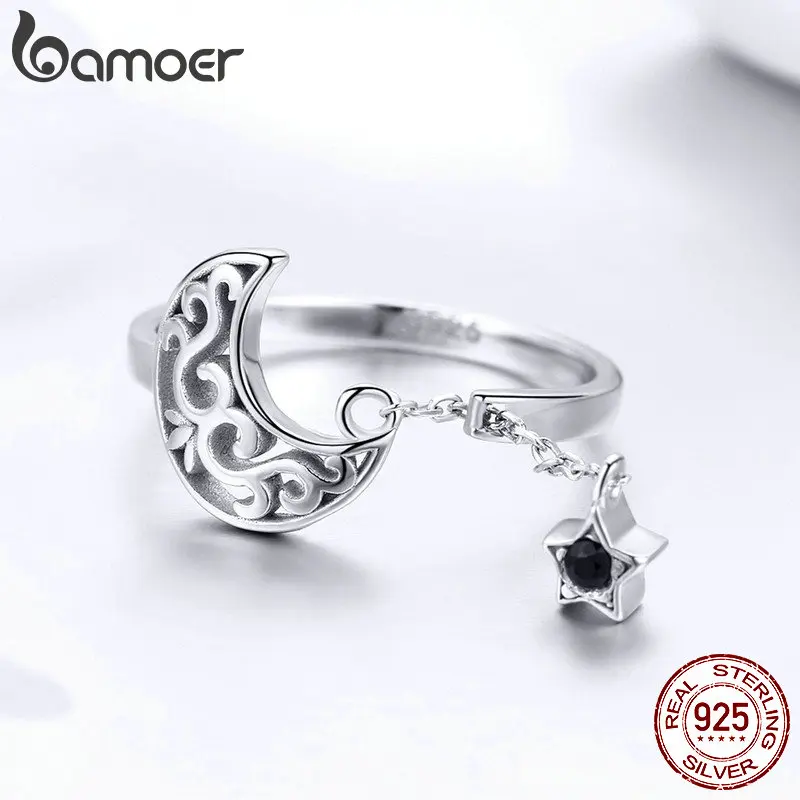 BAMOER-Bague en argent regardé 925 véritable pour femme, lune et étoile, longue JOStar, réglable, bijoux SCRicer