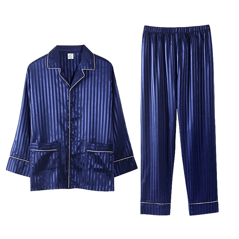 

2022 Blue Silk Men Pajama Sets Sleep Striped Satin Sleepwear Men Spring Summer Suit Full Sleeve Pyjama Big Yards 3XL Pijama Male