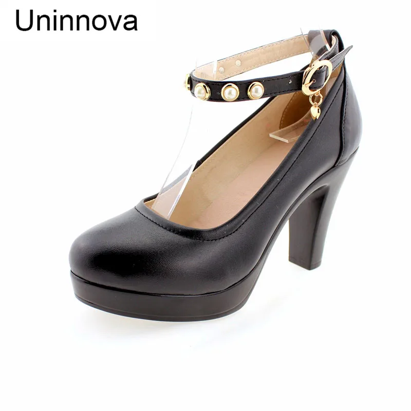 

Uninnova High Platform Super High Heels Footwear Women's Round Toe Pearl Split Leather Shoes Office Work Pumps Salto Alto WP081