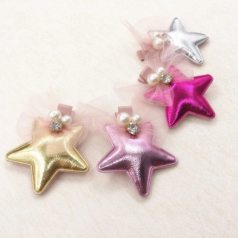 Boutique 20pcs Fashion Cute PU Leather Star Hairpins Solid Glitter Gemstone Lace Bowknot Hair Clips Princess Hair Accessories