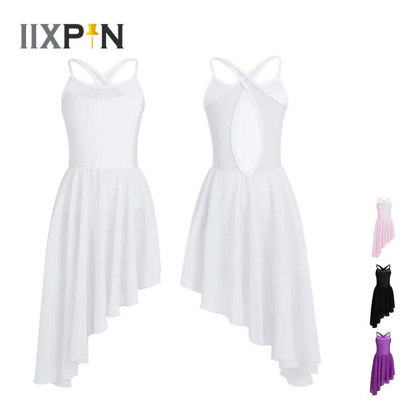 

IIXPIN Kids Girls Mesh Ballet Dance Dress Splice Spaghetti Shoulder Straps Cutout Back Hem Gymnastics Leotard Ballet For Girl