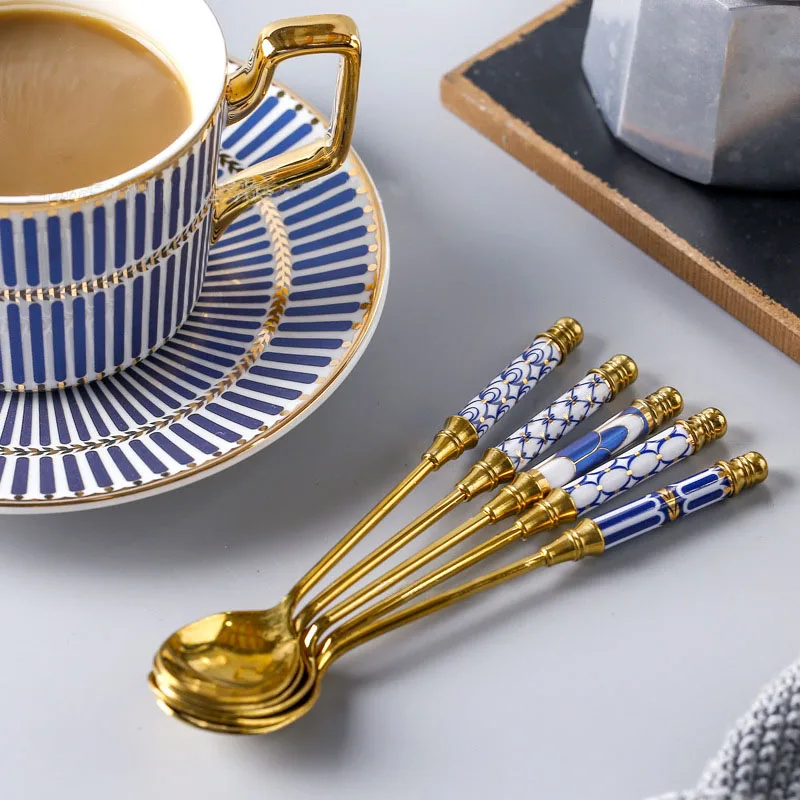 Dessert Spoon Cuchara Honey Spoon Stainless Steel Scoop Ceramic Handle Ladle Long Handle Stir Scoops Customized Cutlery 5pcs/set