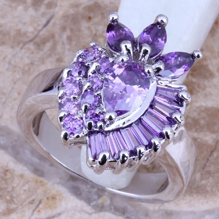 Super Purple Cubic Zirconia Silver Plated  Women's Jewelry Ring Size 6 / 7 / 8 / 9 R0551