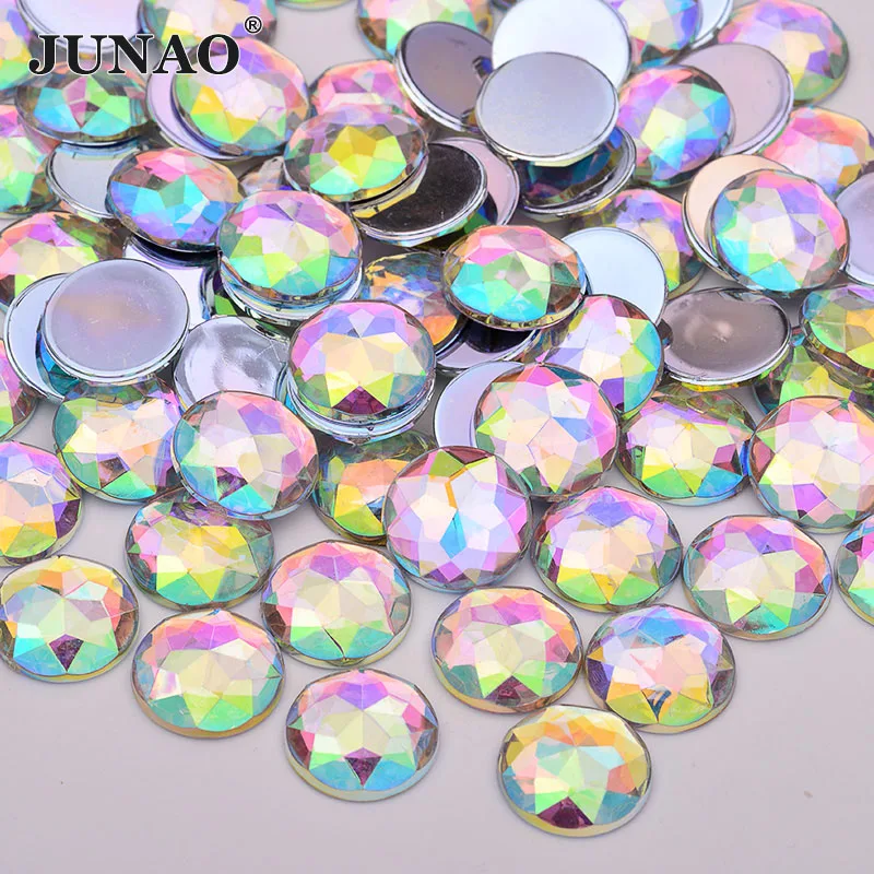 JUNAO 25mm Big Clear AB Crystal Acrylic Rhinestone Flat Back Strass Crystal Non Sewing Round Stones Glue On Gems For Garment